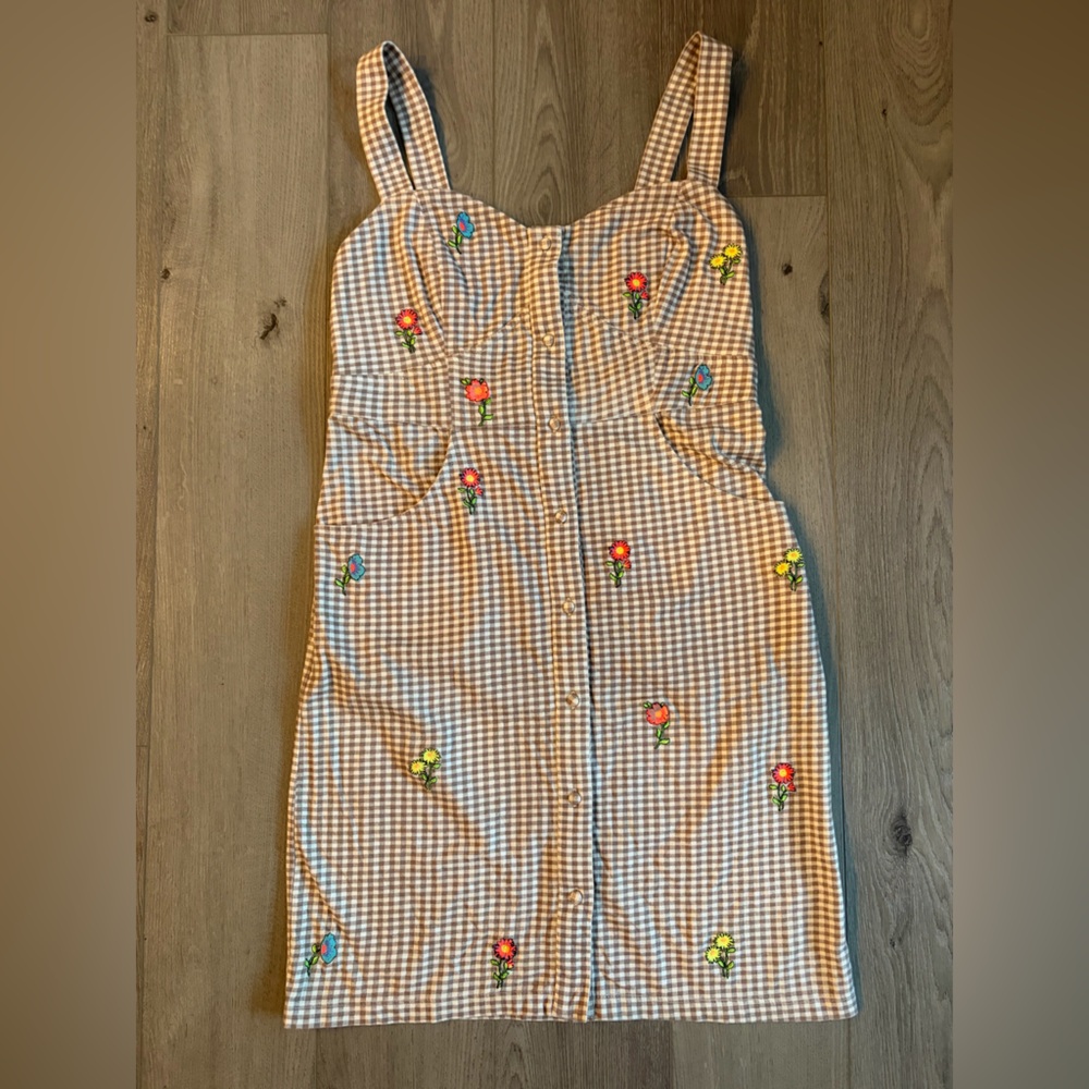 Topshop Gingham Embroidered Pinafore Dress Floral size 6